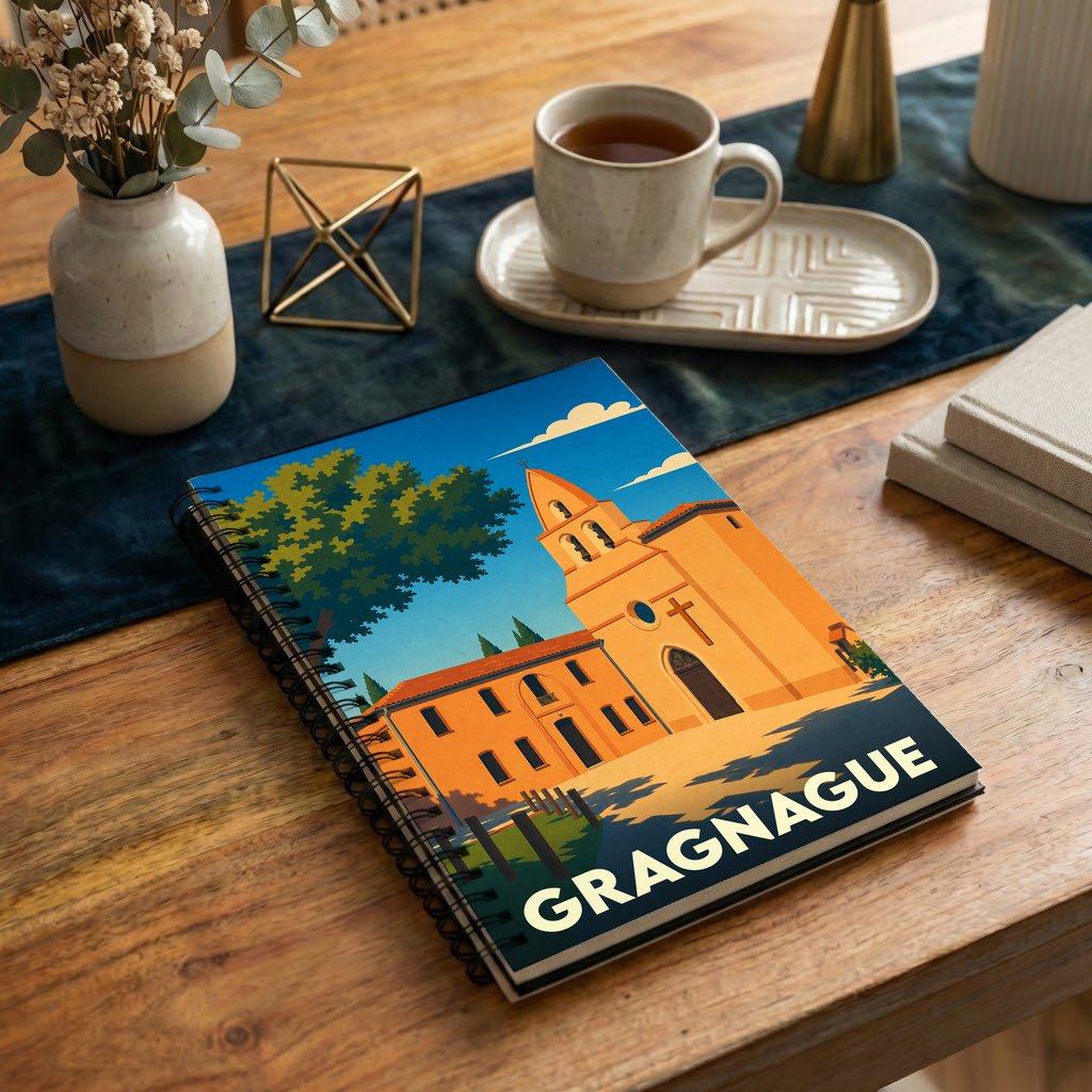 Carnet à spirales souvenir de la ville de Gragnague avec une illustration colorée et stylisée de son église.