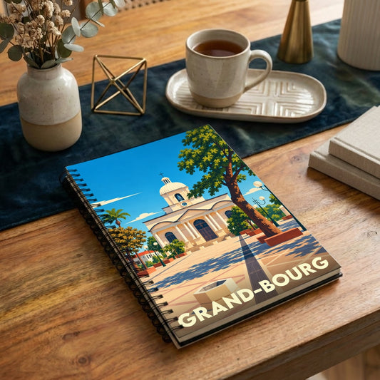 Carnet à spirales souvenir de la ville de Grand-Bourg avec une illustration stylisée de son église.