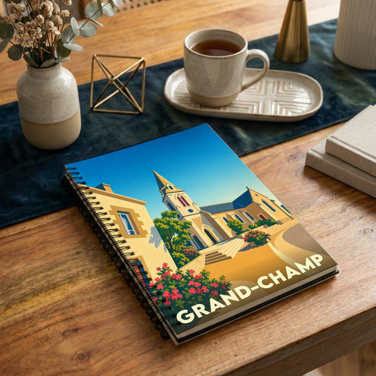 Carnet à spirales souvenir de la ville de Grand-Champ avec une illustration stylisée de son église.