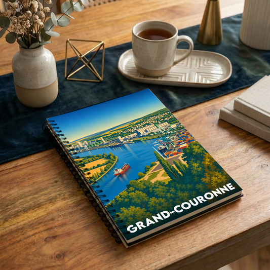 Carnet souvenir de la ville de Grand-Couronne avec une illustration stylisée de son port et de la Seine.