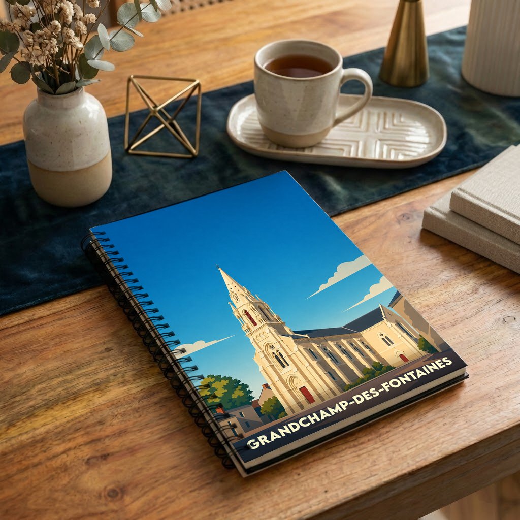 Carnet à spirales souvenir de Grandchamp-des-Fontaines avec une illustration stylisée de son église.