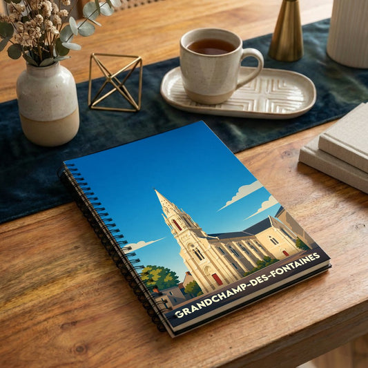 Carnet à spirales souvenir de Grandchamp-des-Fontaines avec une illustration stylisée de son église.