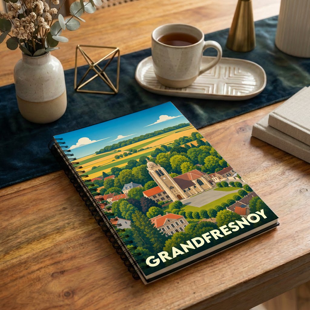 Carnet à spirales souvenir de la ville de Grandfresnoy avec une illustration stylisée de son église et de ses paysages.