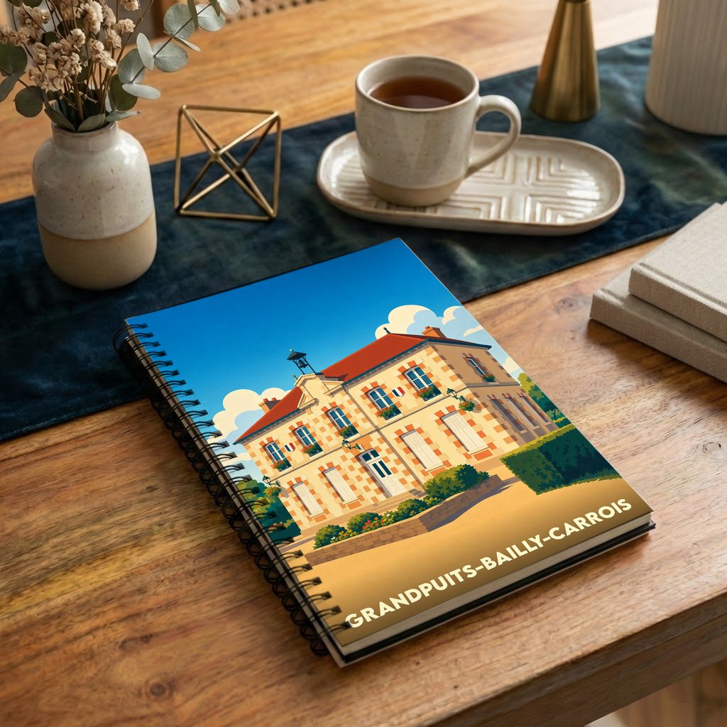 Carnet souvenir de la ville de Grandpuits-Bailly-Carrois avec une illustration stylisée de sa mairie.