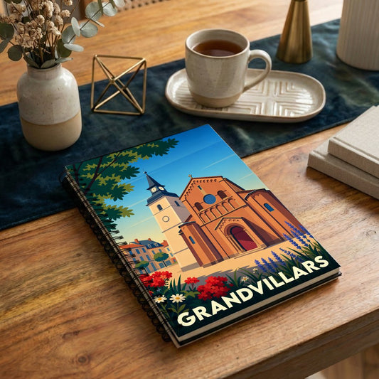 Carnet à spirales souvenir de la ville de Grandvillars avec une illustration stylisée de son église.