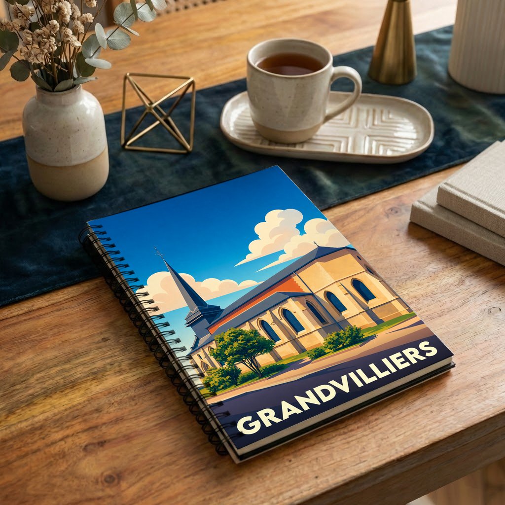 Carnet à spirales souvenir de la ville de Grandvilliers avec une illustration stylisée d'une église sous un ciel bleu.