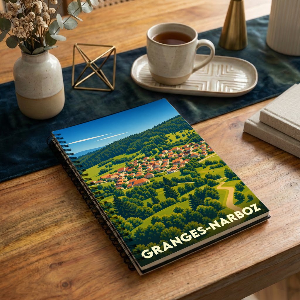 Carnet souvenir de la ville de Granges-Narboz avec une illustration stylisée de son paysage vallonné.