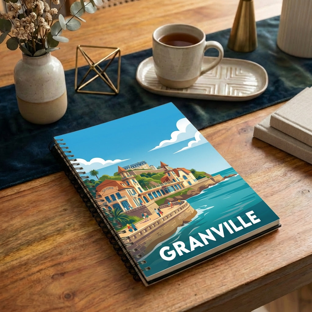 Carnet souvenir de la ville de Granville avec une illustration stylisée de son front de mer.
