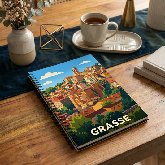 Carnet souvenir de la ville de Grasse avec une illustration stylisée.