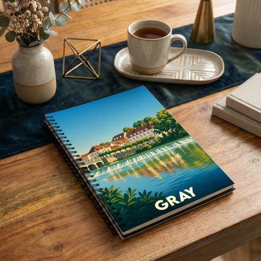 Carnet à spirales souvenir de la ville de Gray avec une illustration stylisée des bords de Saône.