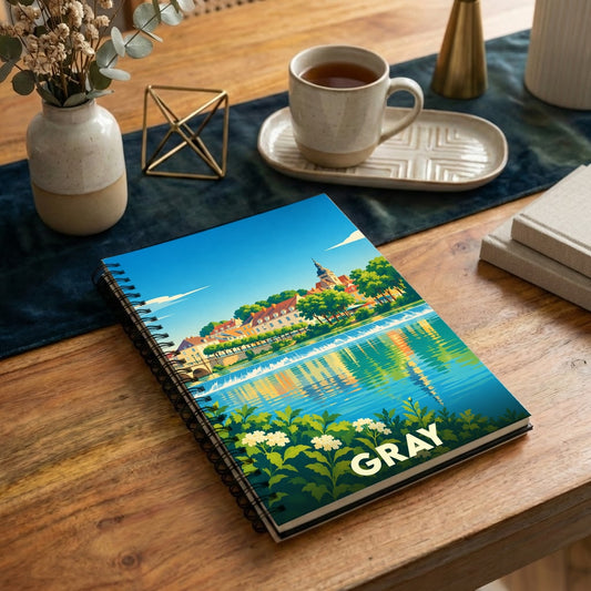 Carnet souvenir de la ville de Gray avec une illustration stylisée des bords de Saône.
