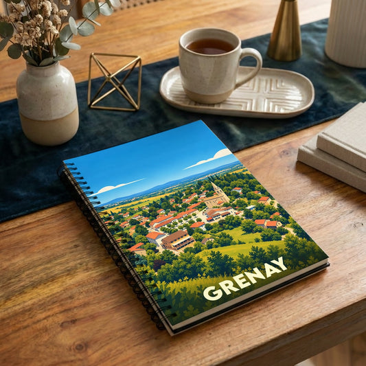 Carnet à spirales souvenir de la ville de Grenay avec une illustration paysagère stylisée.