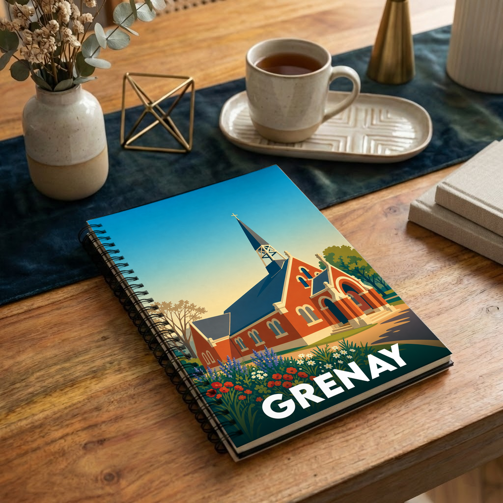 Carnet souvenir de la ville de Grenay avec une illustration stylisée d'une église sous un ciel azur.