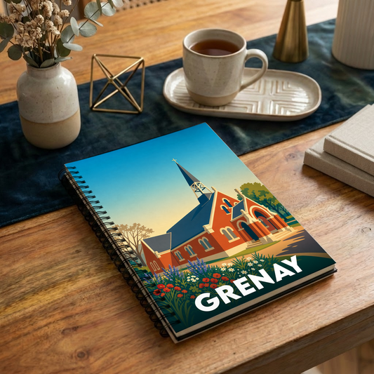 Carnet souvenir de la ville de Grenay avec une illustration stylisée d'une église sous un ciel azur.