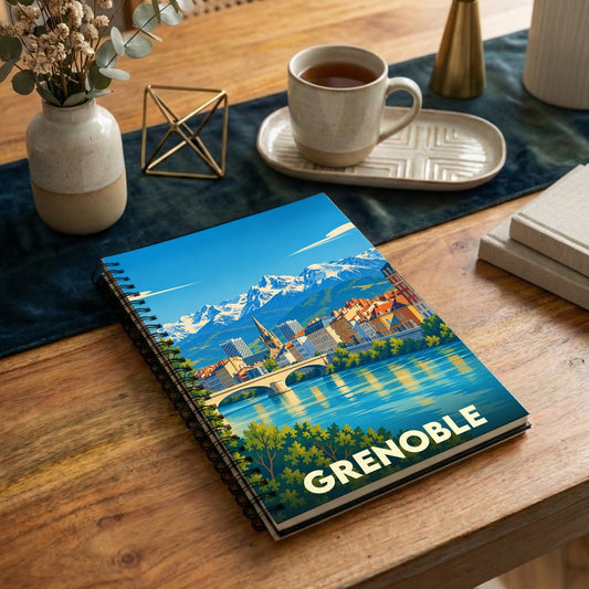 Carnet souvenir de la ville de Grenoble avec une illustration stylisée des montagnes et de l'Isère.