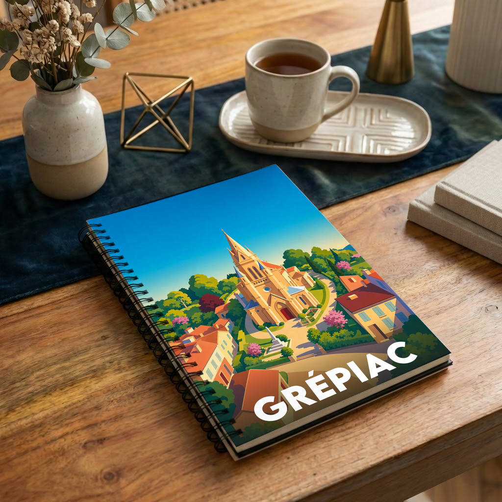 Carnet souvenir de la ville de Grépiac avec une illustration colorée et stylisée.