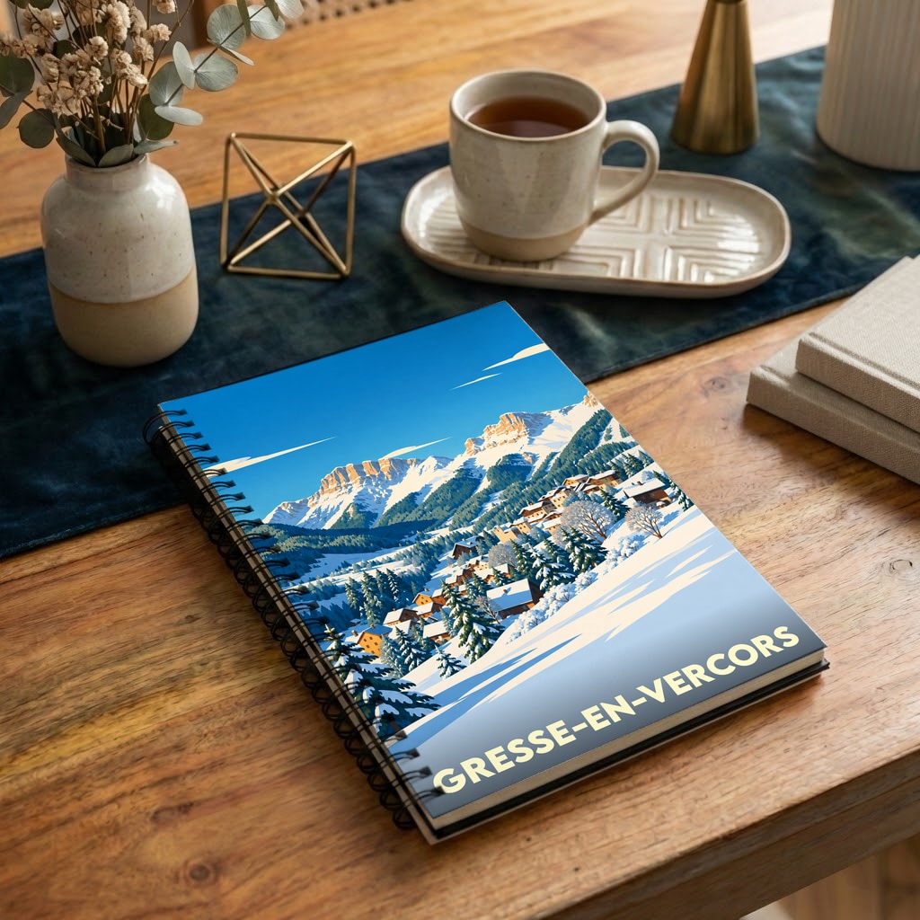 Carnet de notes à spirales souvenir de Gresse-en-Vercors avec une illustration hivernale stylisée.