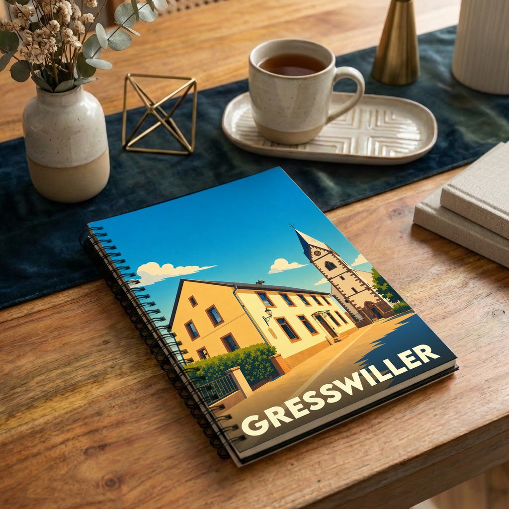 Carnet à spirales souvenir de la ville de Gresswiller avec une illustration stylisée.