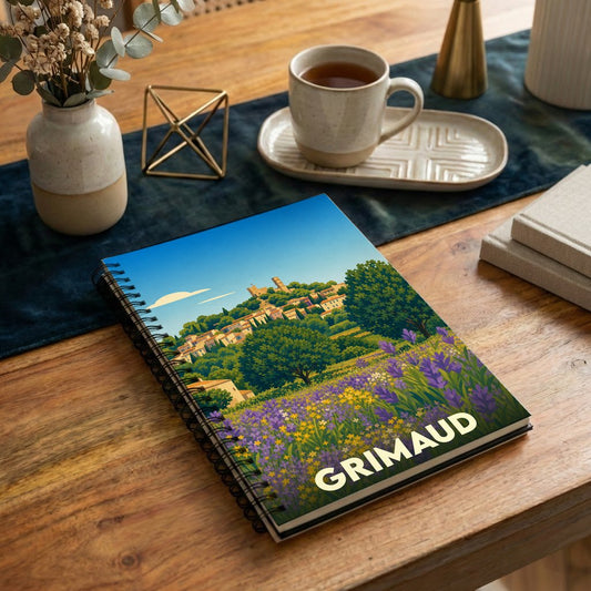 Carnet souvenir de la ville de Grimaud avec une illustration stylisée de son village et de champs de fleurs.