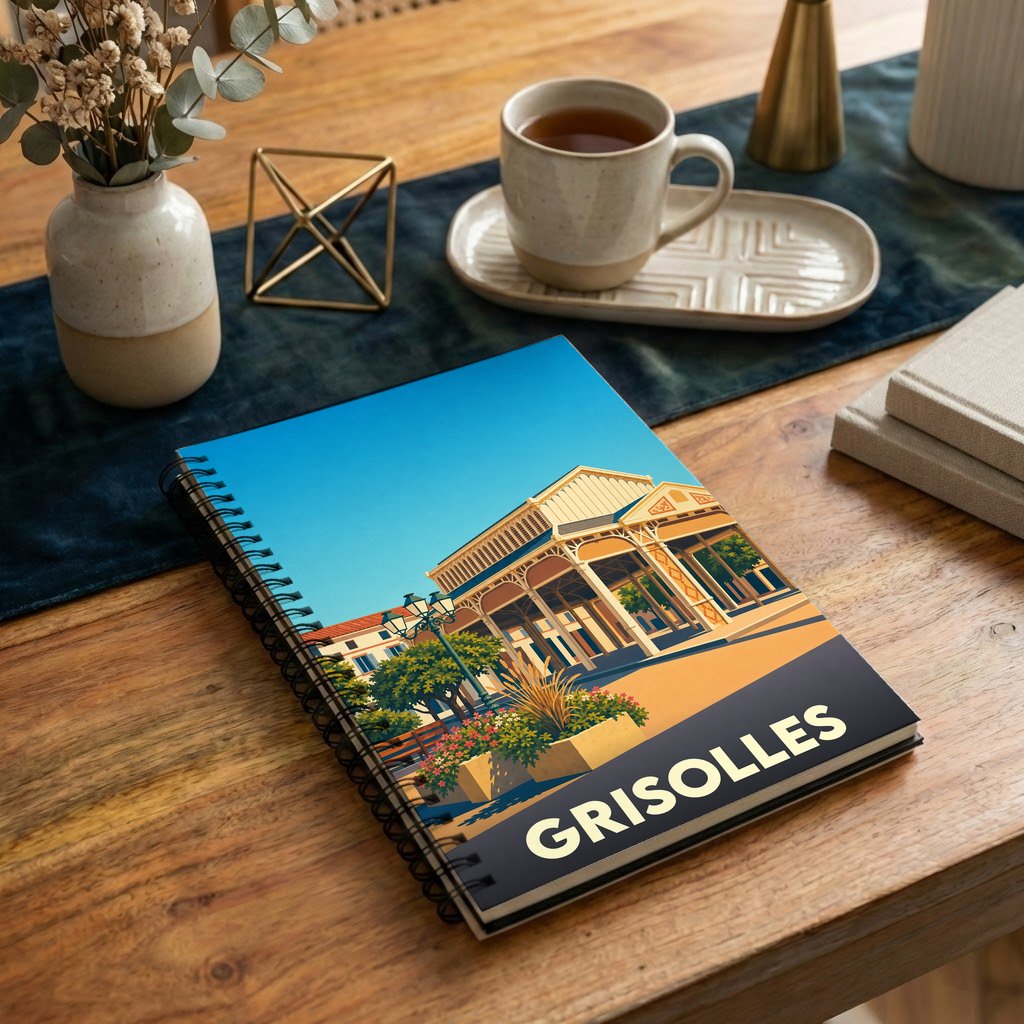 Carnet à spirales souvenir de la ville de Grisolles avec une illustration stylisée de sa halle.