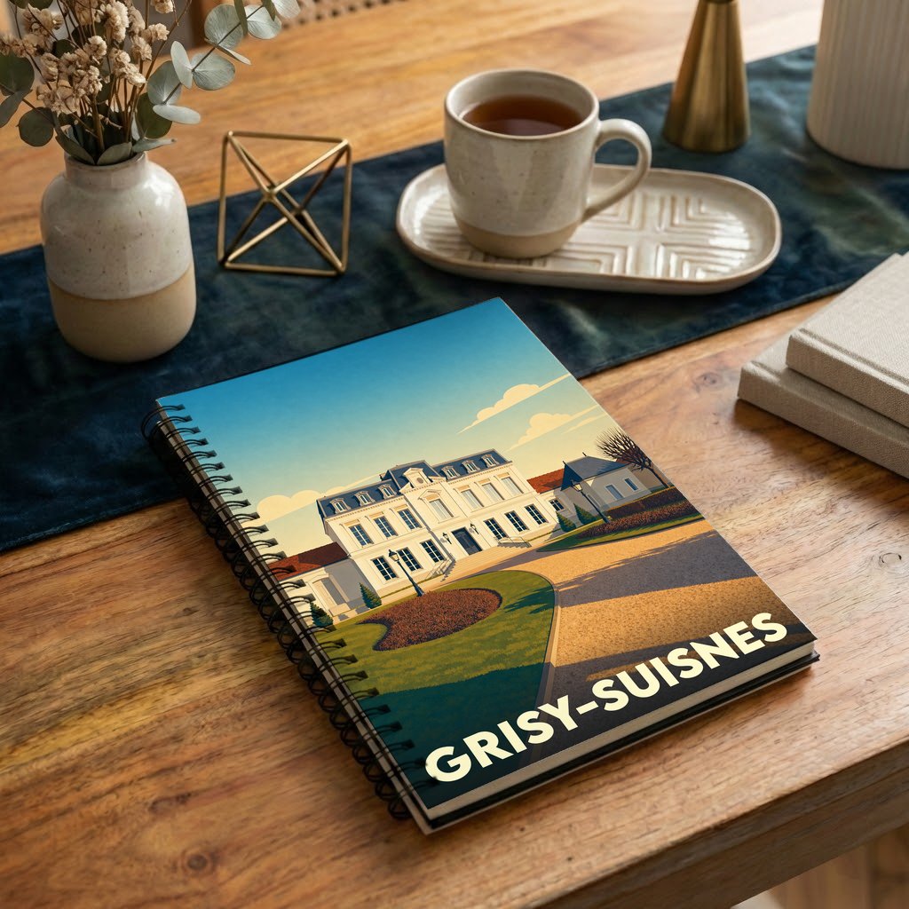 Carnet à spirales souvenir de la ville de Grisy-Suisnes avec une illustration stylisée de son château.