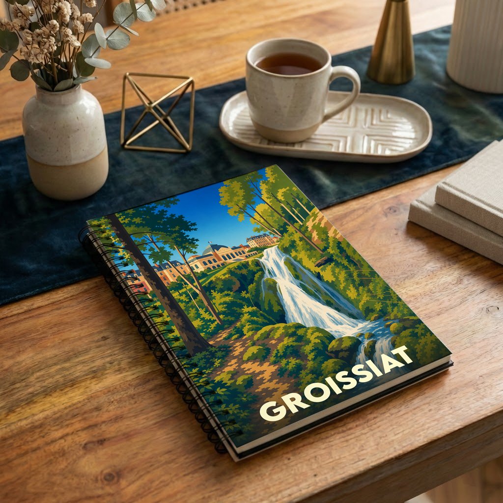 Carnet à spirales souvenir de la ville de Groissiat avec une illustration stylisée d'une cascade et d'un château.