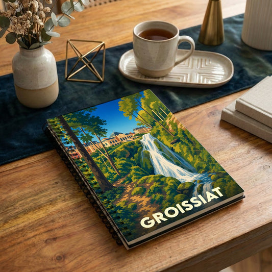 Carnet à spirales souvenir de la ville de Groissiat avec une illustration stylisée d'une cascade et d'un château.