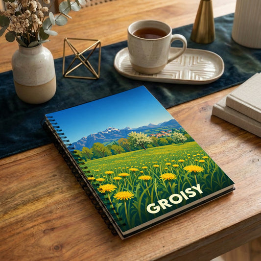 Carnet à spirales souvenir de la ville de Groisy avec une illustration stylisée d'un champ de fleurs devant les montagnes.