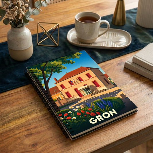 Carnet souvenir de la ville de Gron avec une illustration stylisée de sa mairie.