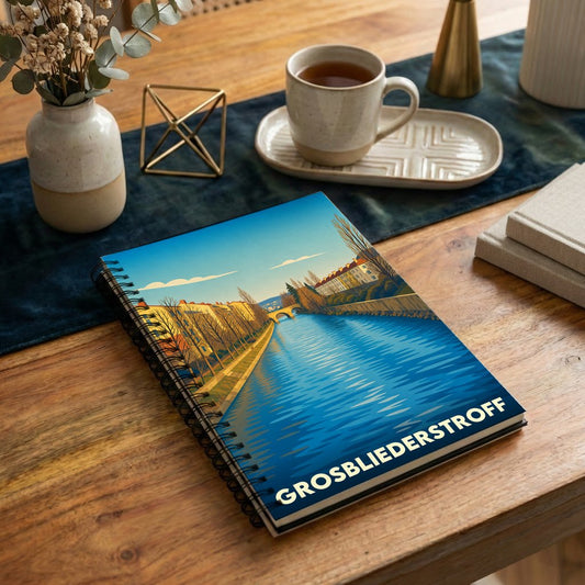 Carnet à spirales souvenir de la ville de Grosbliederstroff avec une illustration stylisée de son paysage fluvial.
