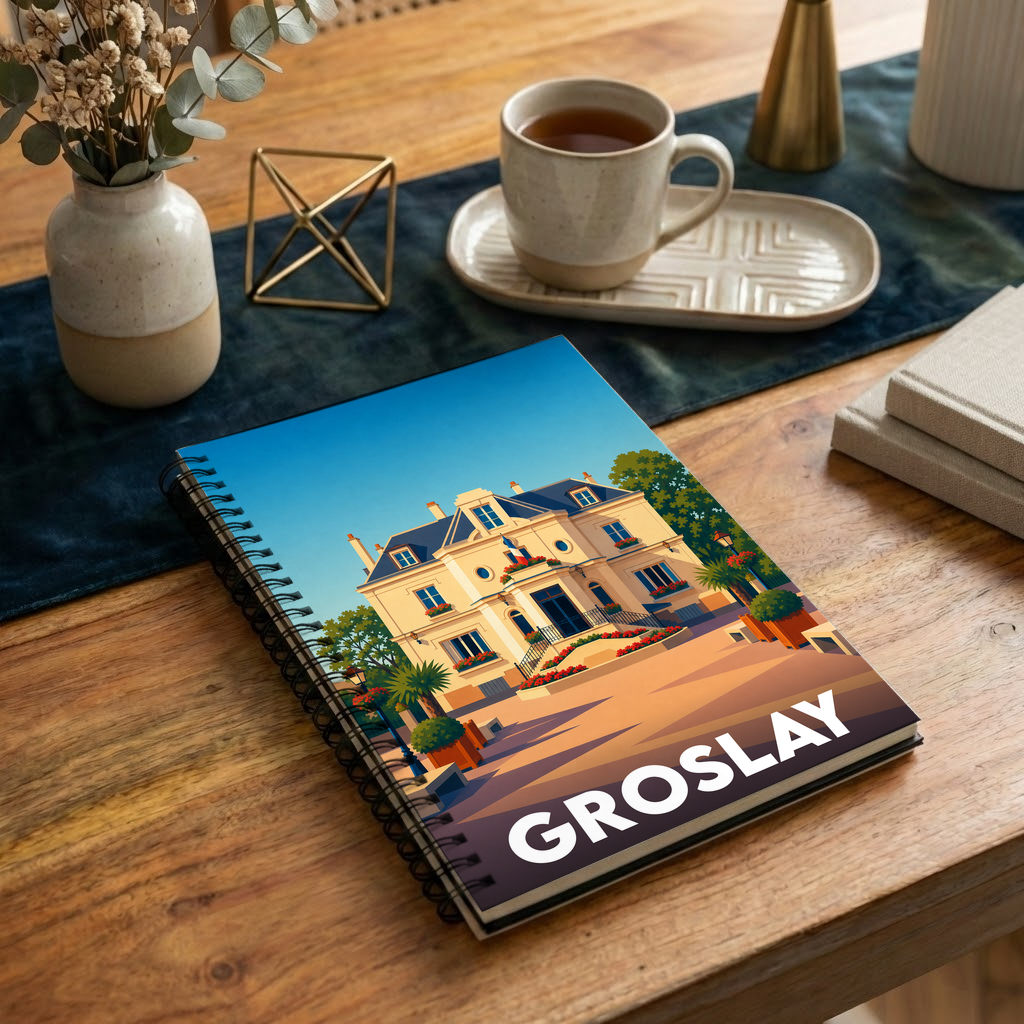 Carnet à spirales souvenir de la ville de Groslay avec une illustration stylisée de sa mairie.