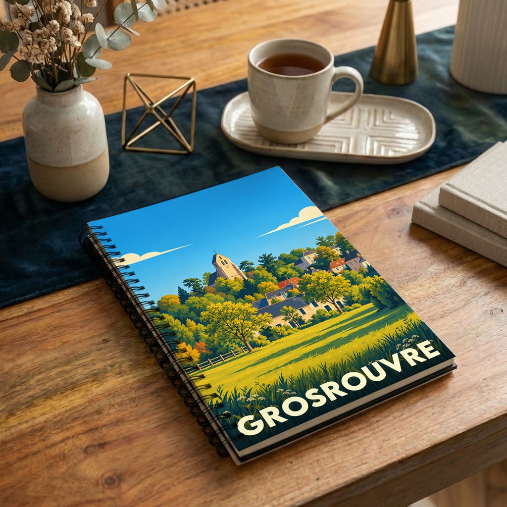 Carnet à spirales souvenir de la ville de Grosrouvre avec une illustration stylisée d'un paysage champêtre.
