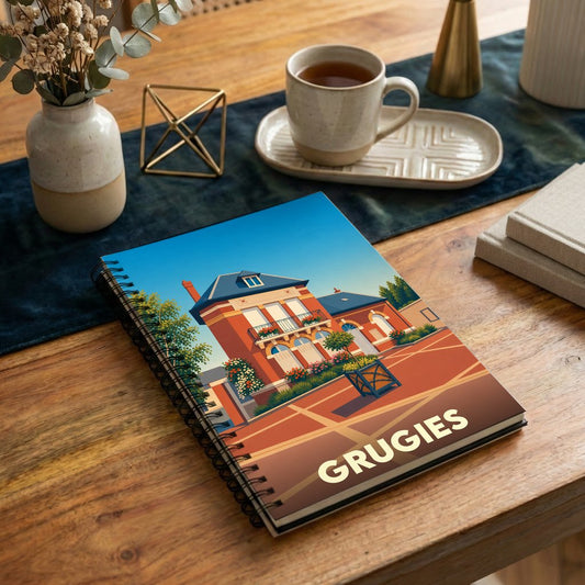 Carnet souvenir de la ville de Grugies avec une illustration stylisée.