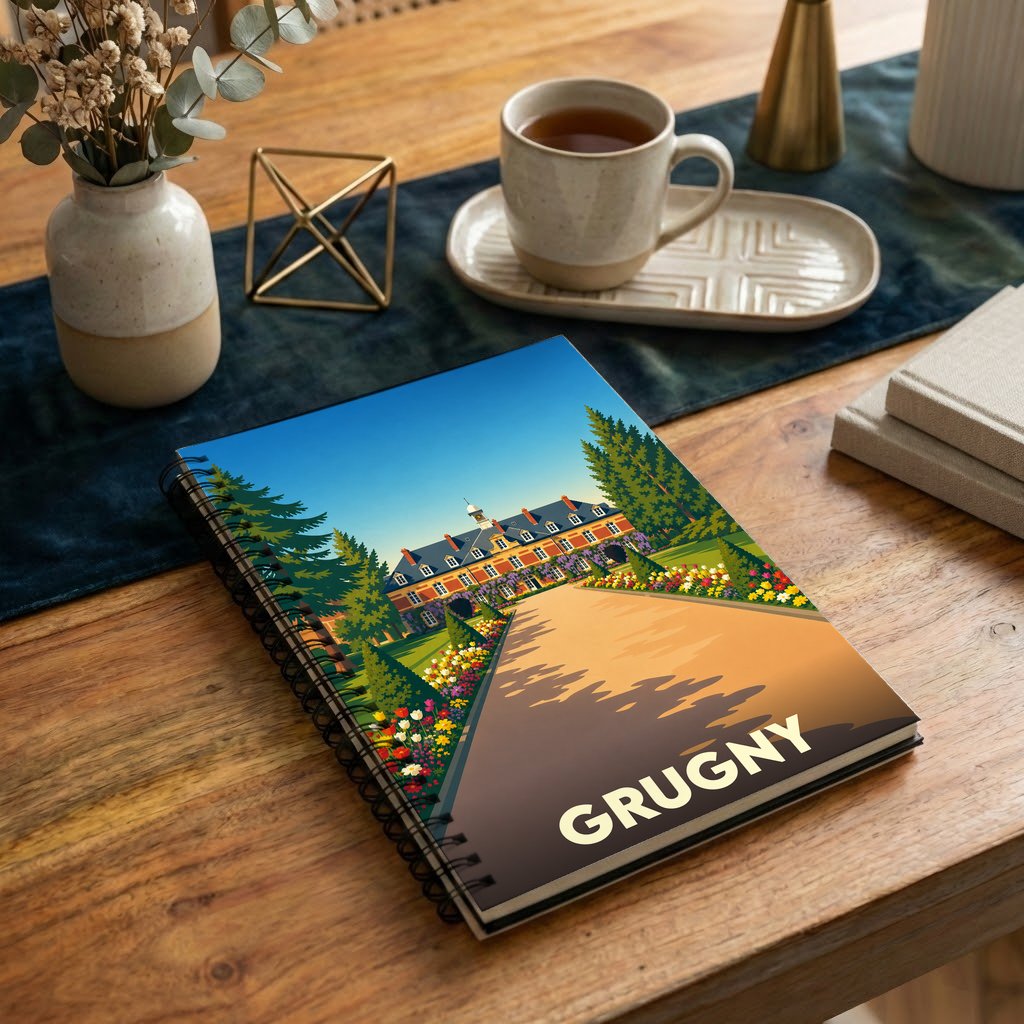 Carnet souvenir de la ville de Grugny avec une illustration stylisée représentant un château et ses jardins.