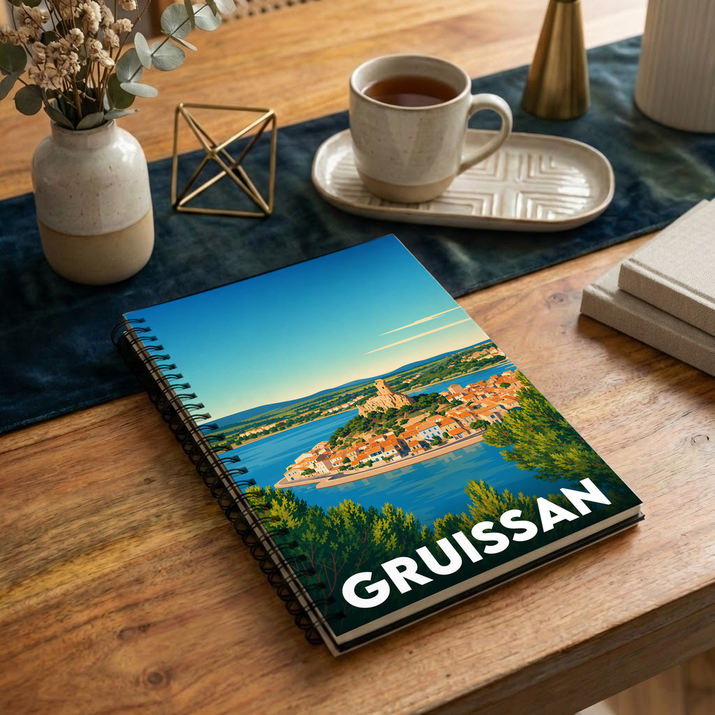 Carnet souvenir de la ville de Gruissan avec une illustration stylisée.