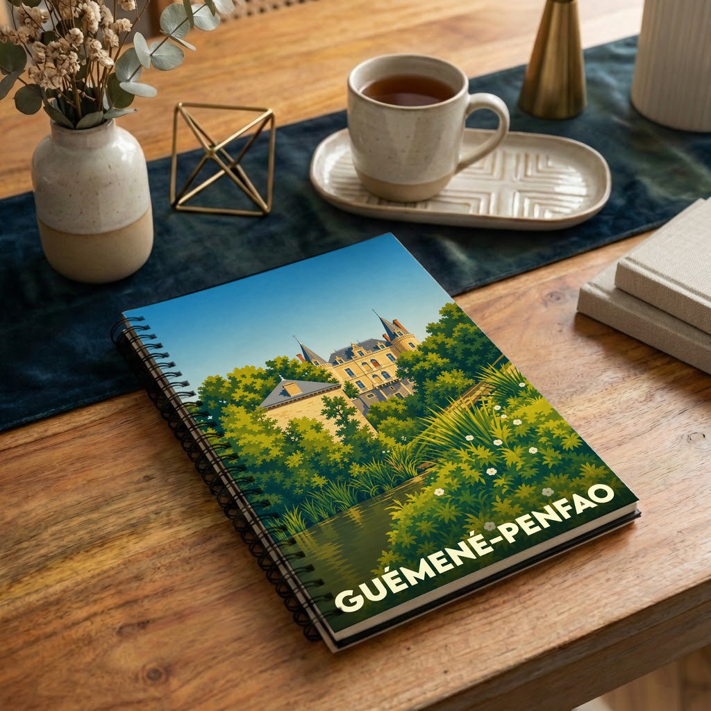 Carnet souvenir de la ville de Guémené-Penfao avec une illustration stylisée d'un château entouré de verdure.