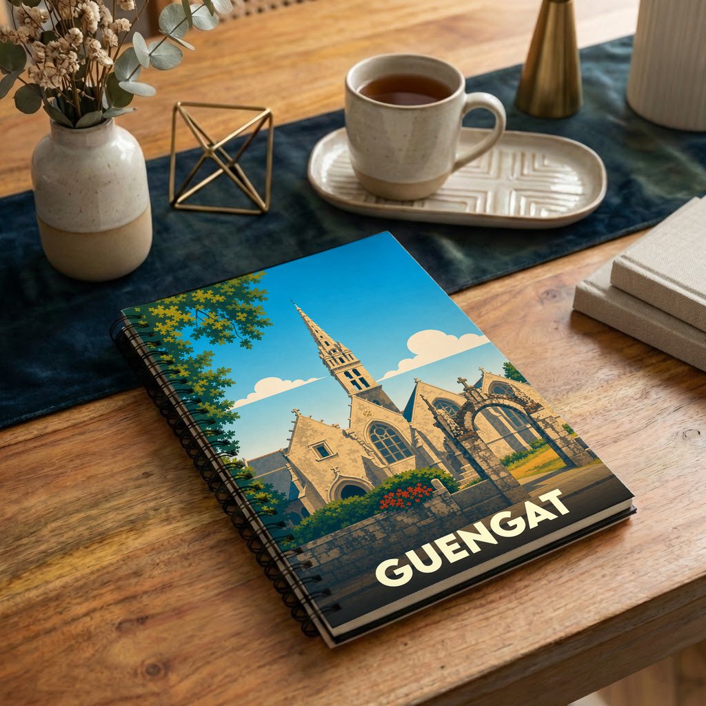 Carnet à spirales souvenir de la ville de Guengat avec une illustration stylisée de son église.