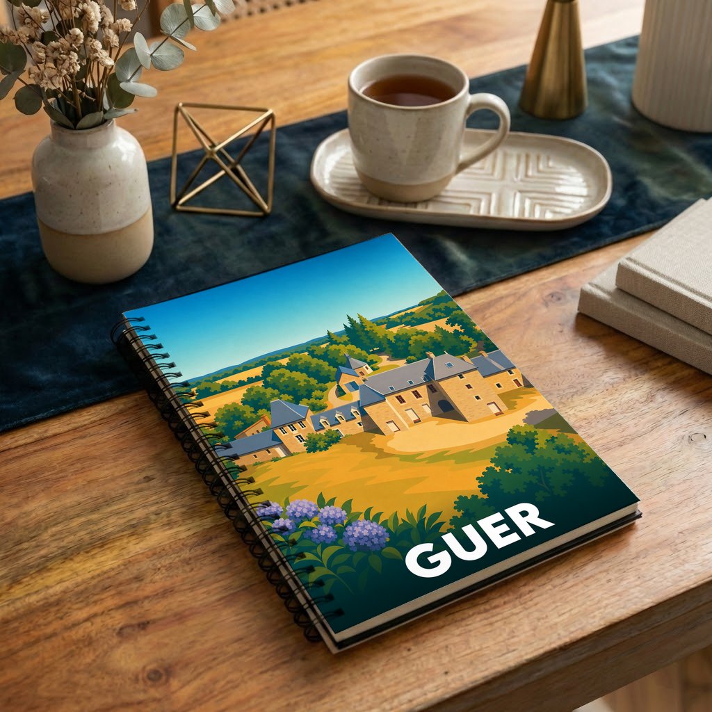 Carnet à spirales souvenir de la ville de Guer avec une illustration stylisée de son paysage et de ses bâtisses.