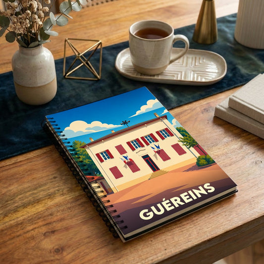 Carnet souvenir de la ville de Guéreins avec une illustration stylisée.