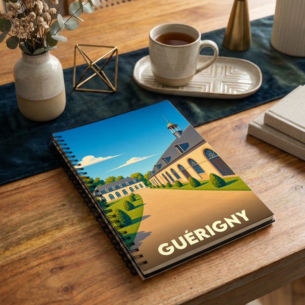 Carnet souvenir de la ville de Guérigny avec une illustration stylisée.