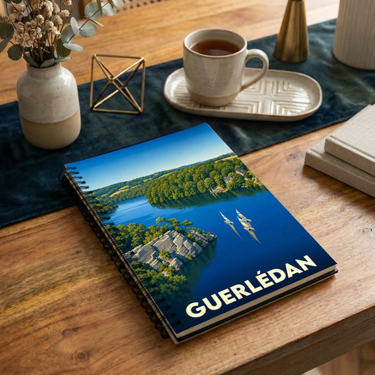 Carnet souvenir de la ville de Guerlédan illustré d'un lac entouré de verdure.
