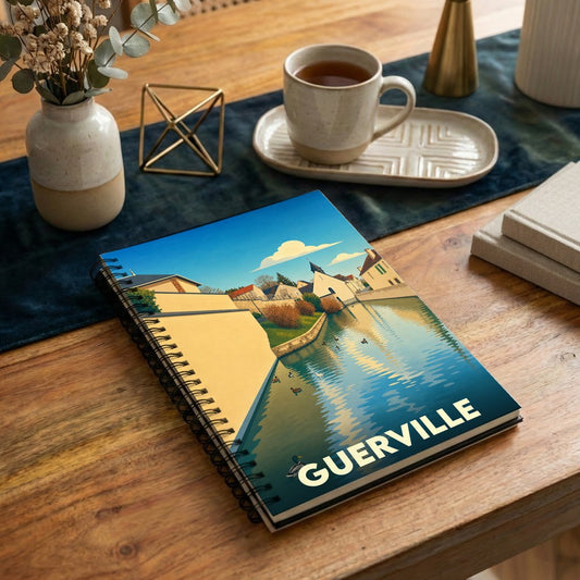 Carnet à spirale souvenir de la ville de Guerville avec une illustration stylisée de ses canaux.