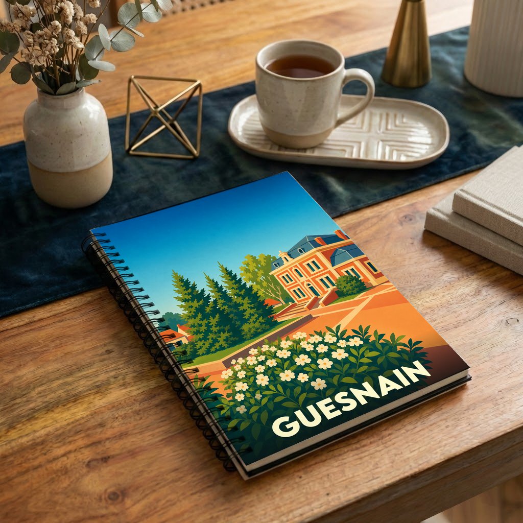 Carnet à spirales souvenir de la ville de Guesnain avec une illustration stylisée d'un manoir et son jardin.