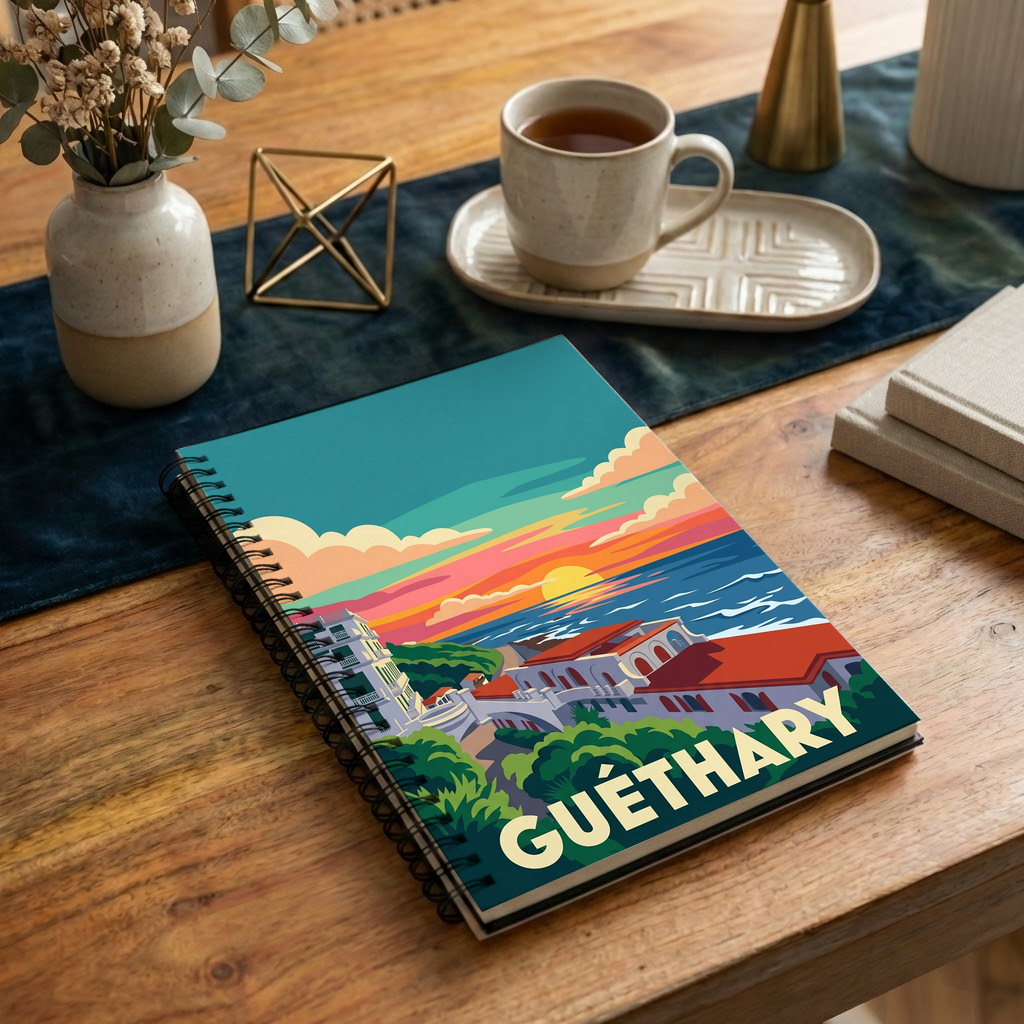 Carnet souvenir de la ville de Guéthary illustré d'un paysage côtier stylisé au coucher du soleil.
