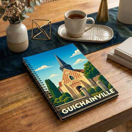 Carnet souvenir de la ville de Guichainville orné d'une illustration stylisée de son église.