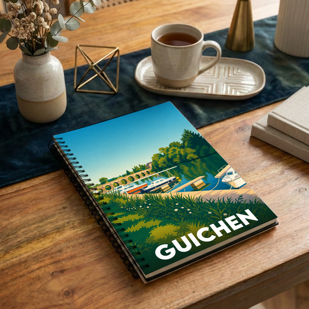 Carnet à spirales souvenir de la ville de Guichen avec une illustration stylisée des bords de la Vilaine.