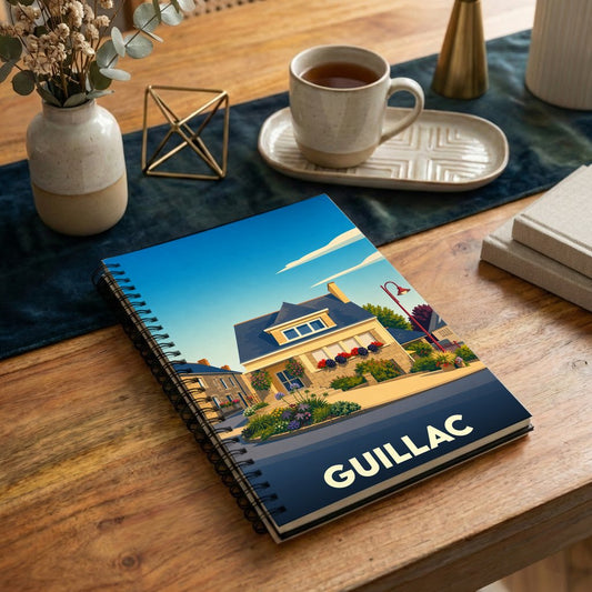 Carnet de notes souvenir de la ville de Guillac avec une illustration stylisée d'une maison fleurie.