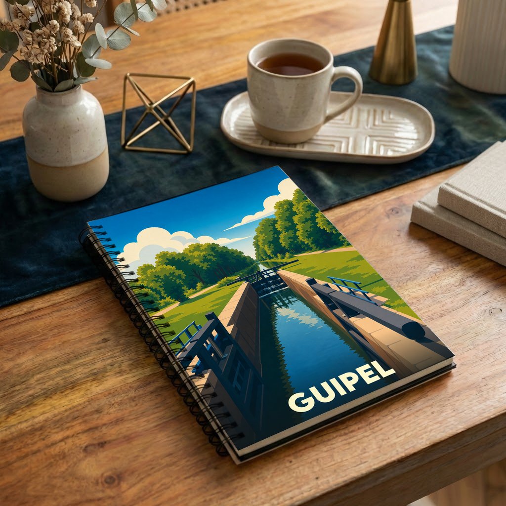 Carnet à spirales souvenir de la ville de Guipel avec une illustration stylisée d'une écluse sur le canal.