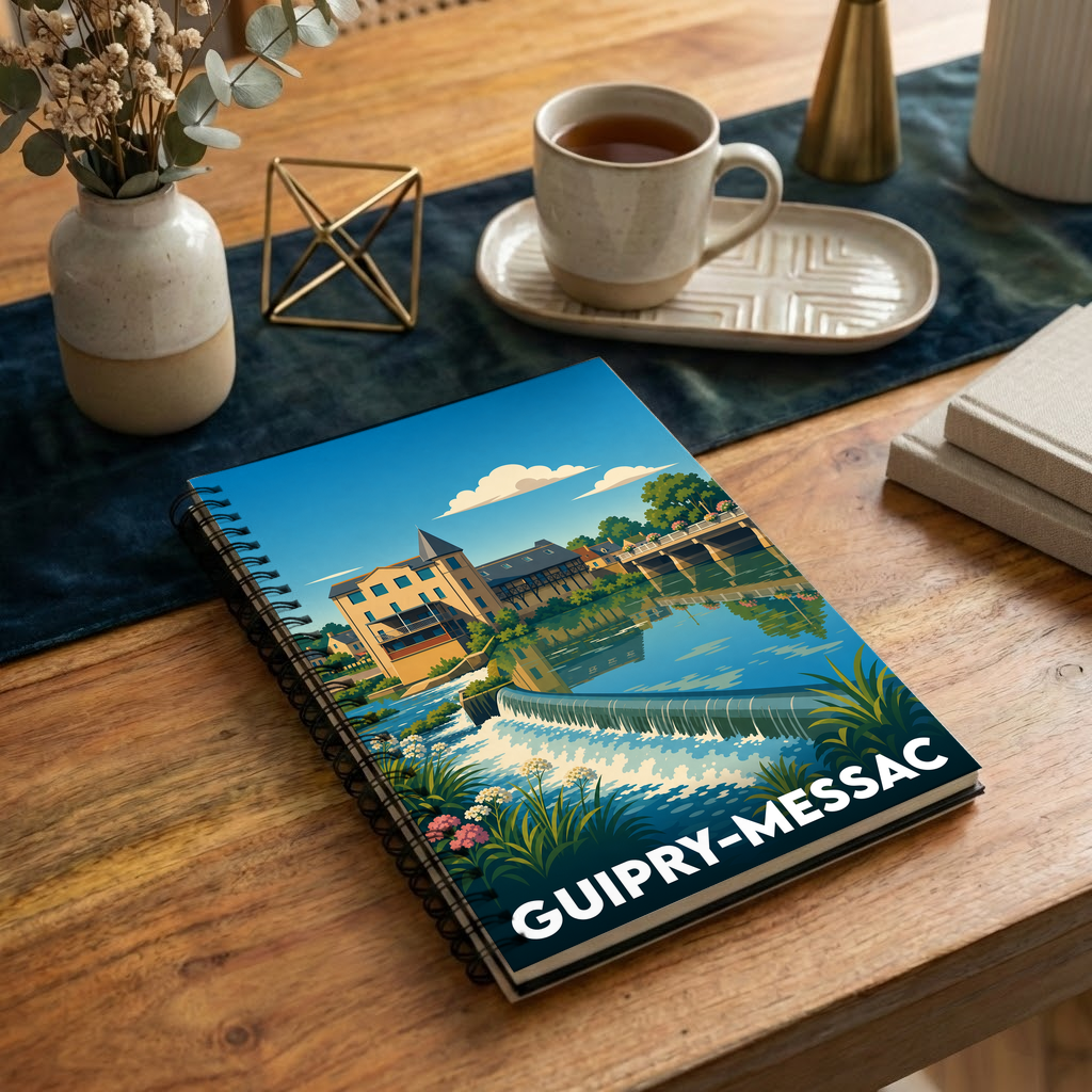 Carnet souvenir de la ville de Guipry-Messac avec une illustration stylisée de ses bords de rivière.