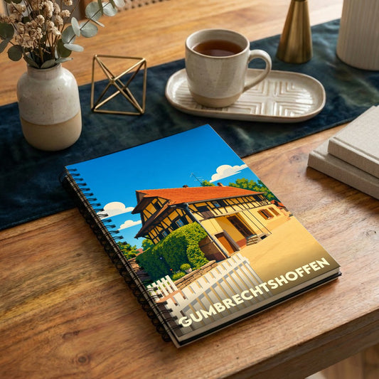 Carnet à spirales souvenir de Gumbrechtshoffen avec une illustration stylisée d'une maison traditionnelle alsacienne.